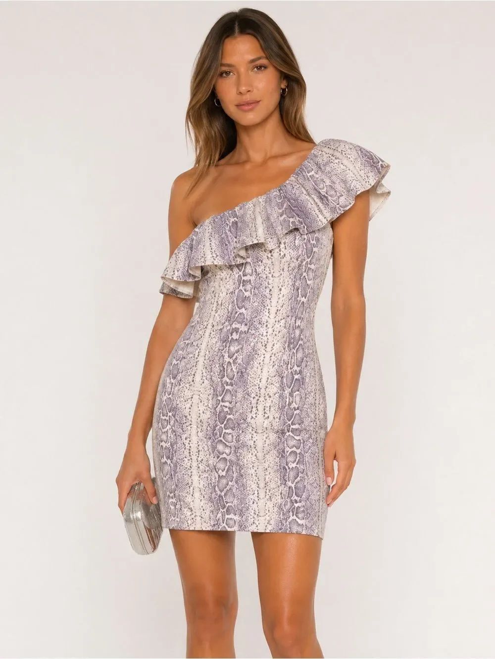 Jay Godfrey Python Animal Print Above Knee One Shoulder Ruffle Lined Dress 4
